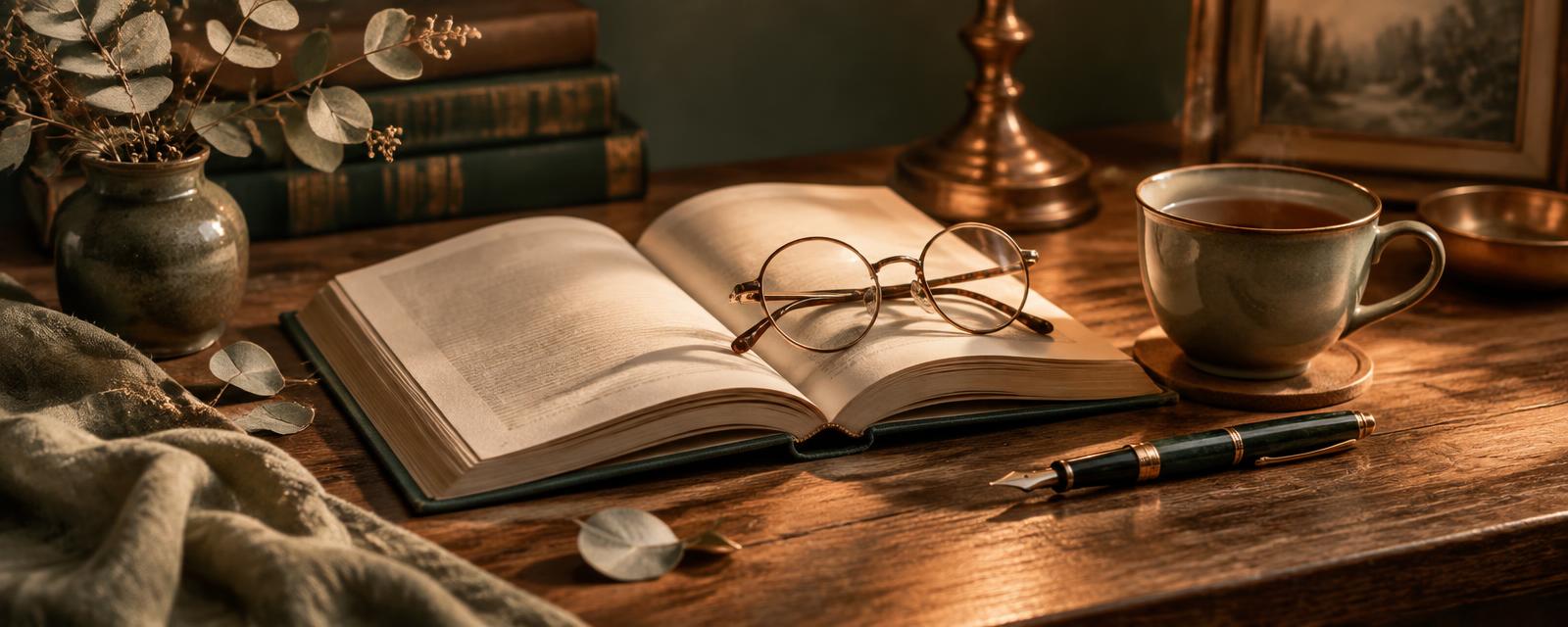 An open book with reading glasses, a fountain pen, and a cup of tea on a wooden desk